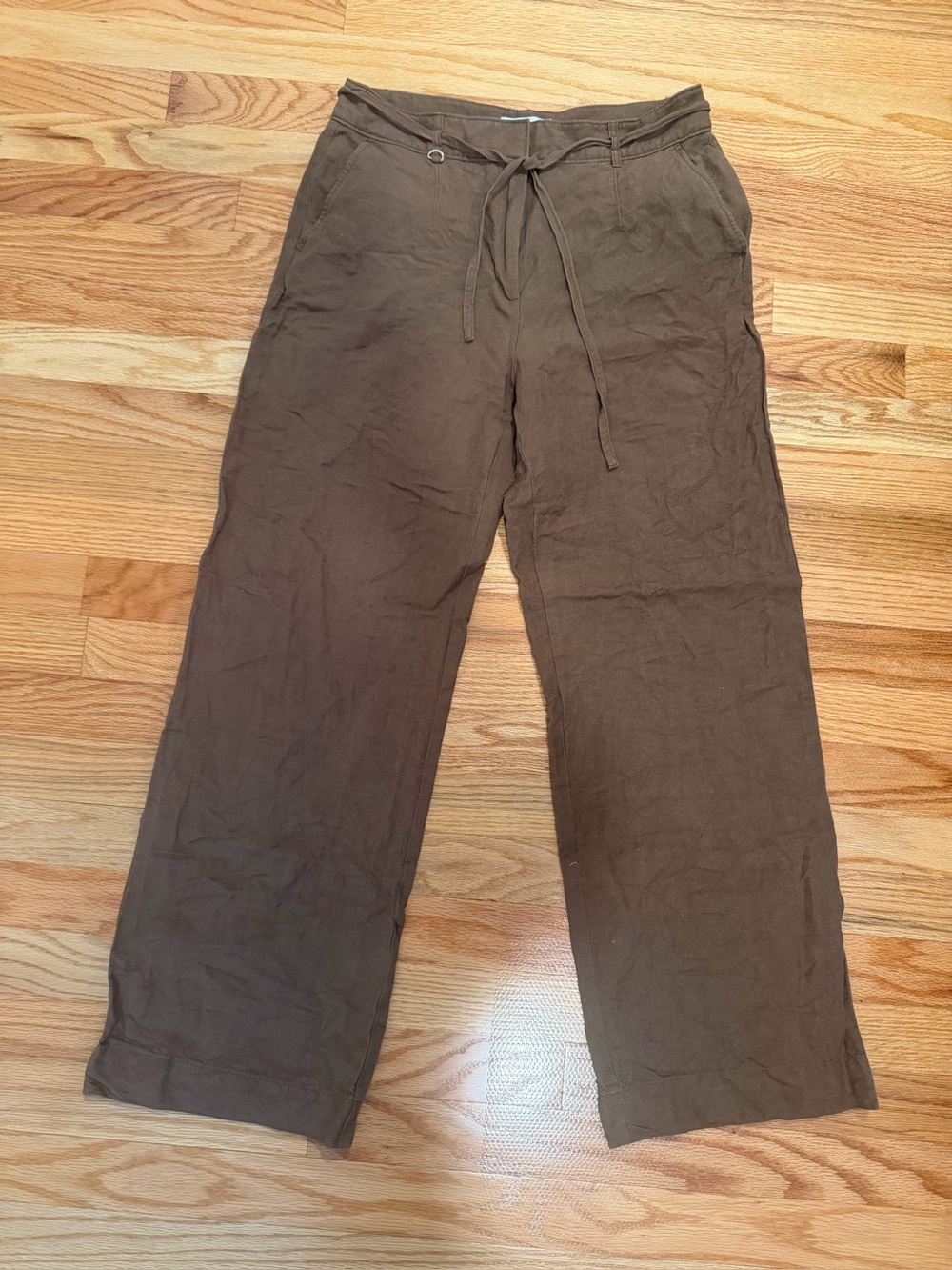 LOFT Linen Blend Wide Leg Pants Brown Size 6T Tall Removable Tie Belt